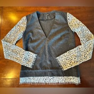 Marissa Webb Sweater Size XS Charcoal Gray Wool V-neck White Lace Sleeves